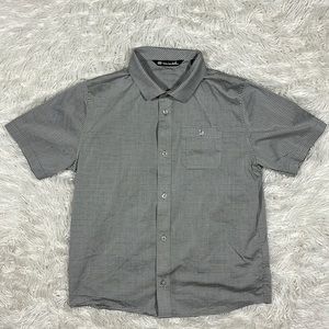 Travis Mathew Women’s Button Up Collared Grey and White Striped Shirt - Large